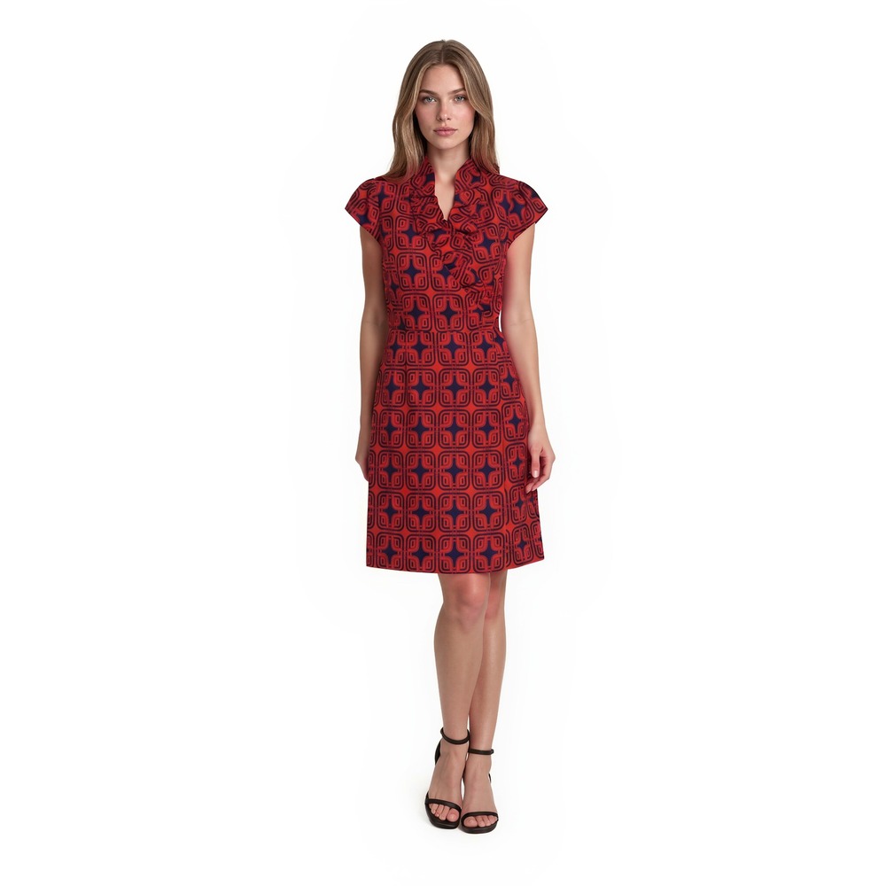Elizabeth McKay 100% Silk Dress Women's Size 4 Red Navy Geometric Ruffle Neck